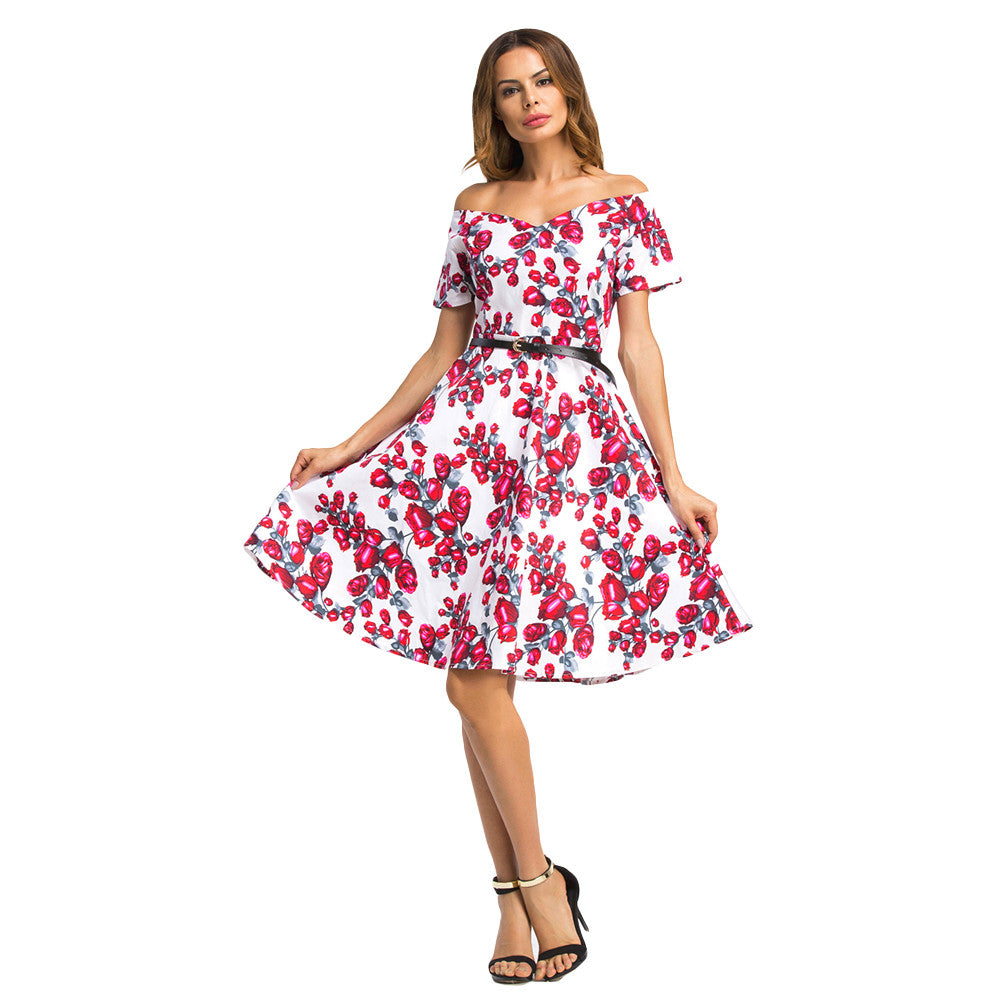 Flared Rose Print Dress Strapless Short Sleeve Skater Prom Dress - Sins & Temptations
