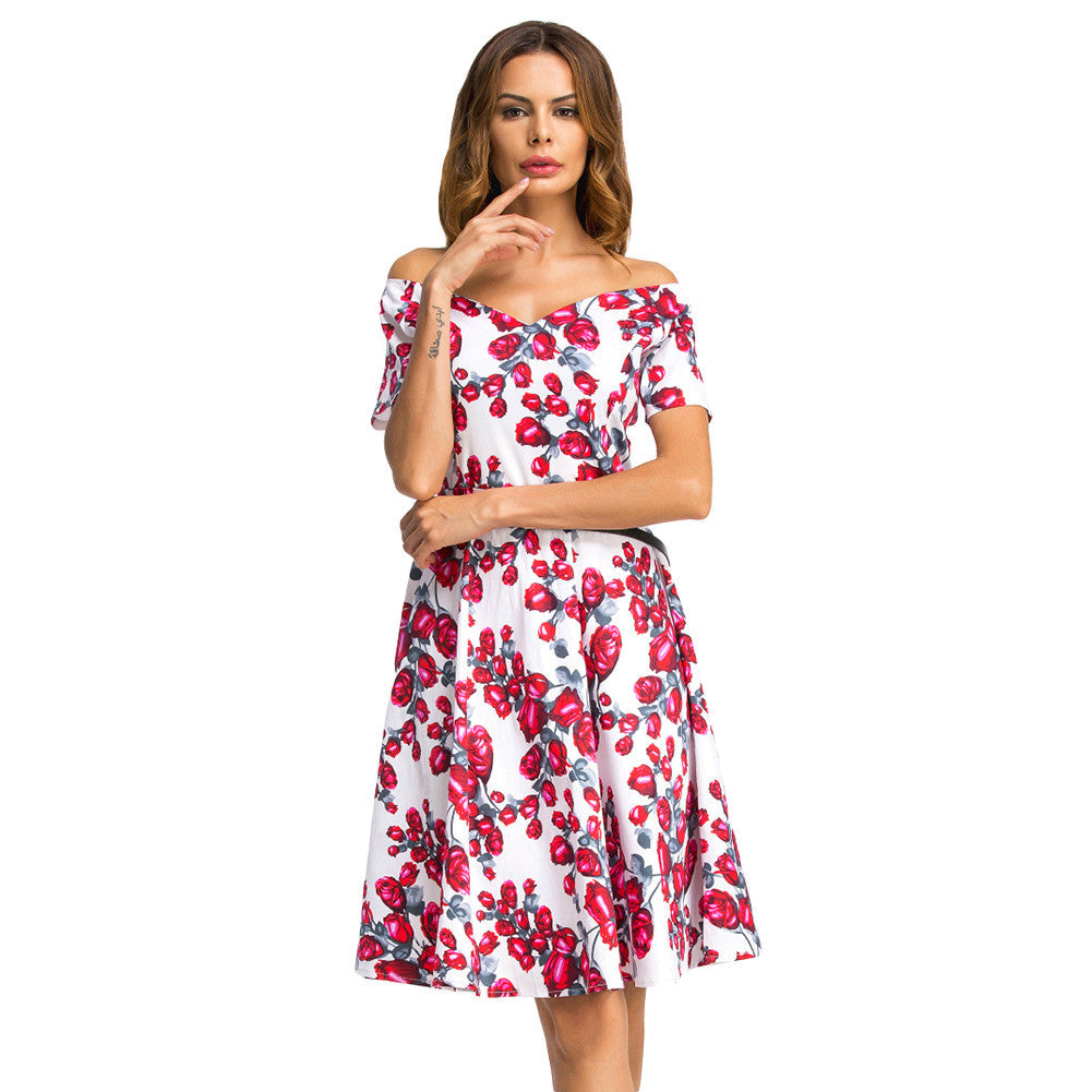 Flared Rose Print Dress Strapless Short Sleeve Skater Prom Dress - Sins & Temptations
