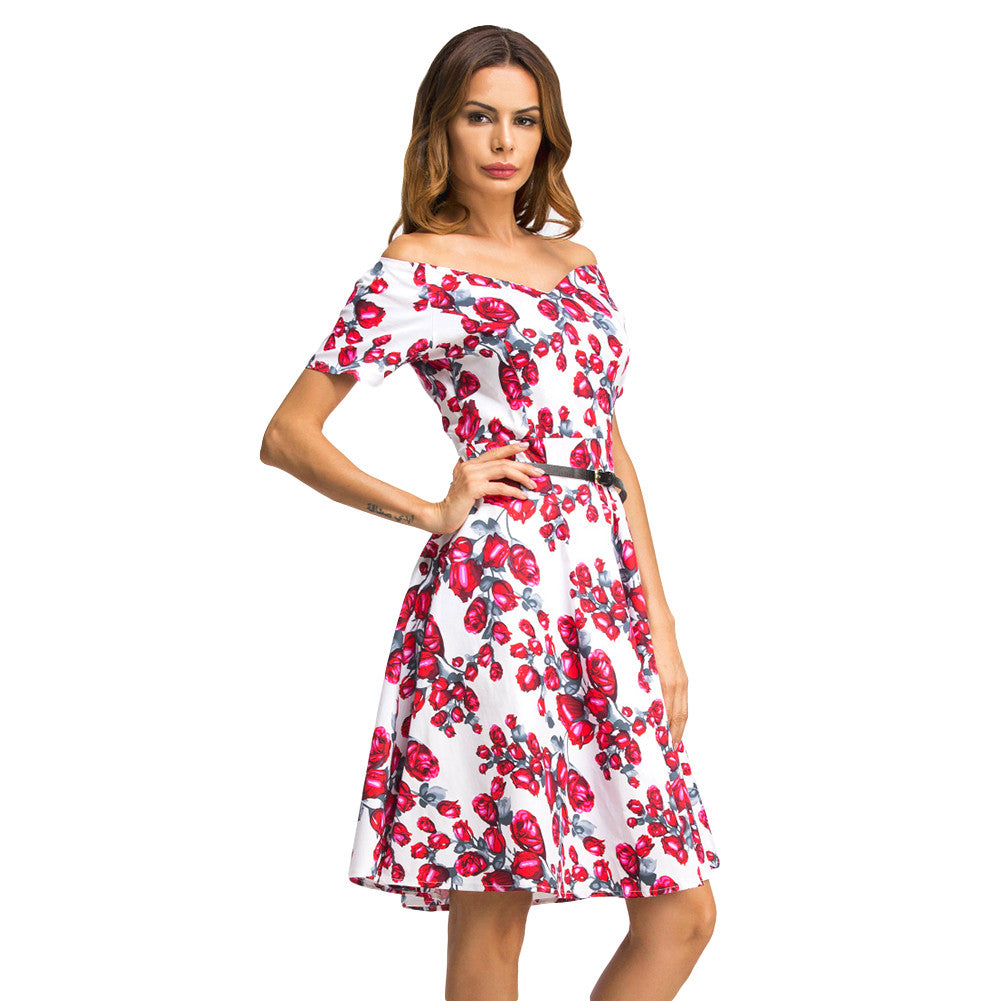 Flared Rose Print Dress Strapless Short Sleeve Skater Prom Dress - Sins & Temptations