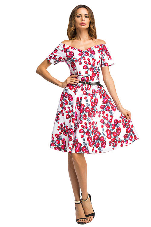 Flared Rose Print Dress Strapless Short Sleeve Skater Prom Dress - Sins & Temptations