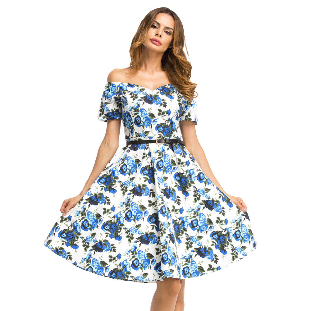 Flared Rose Print Dress Strapless Short Sleeve Skater Prom Dress - Sins & Temptations