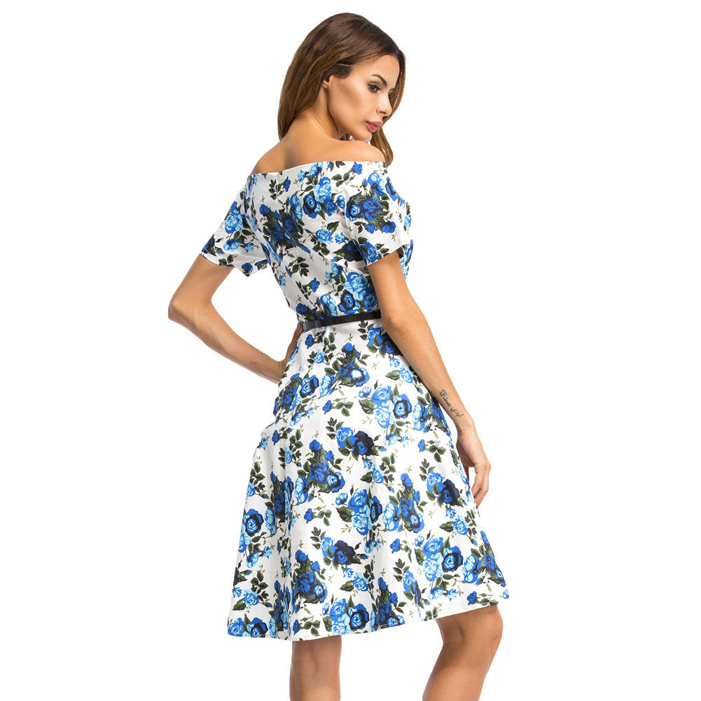 Flared Rose Print Dress Strapless Short Sleeve Skater Prom Dress - Sins & Temptations