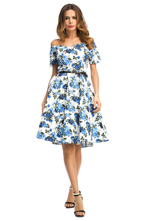 Flared Rose Print Dress Strapless Short Sleeve Skater Prom Dress - Sins & Temptations