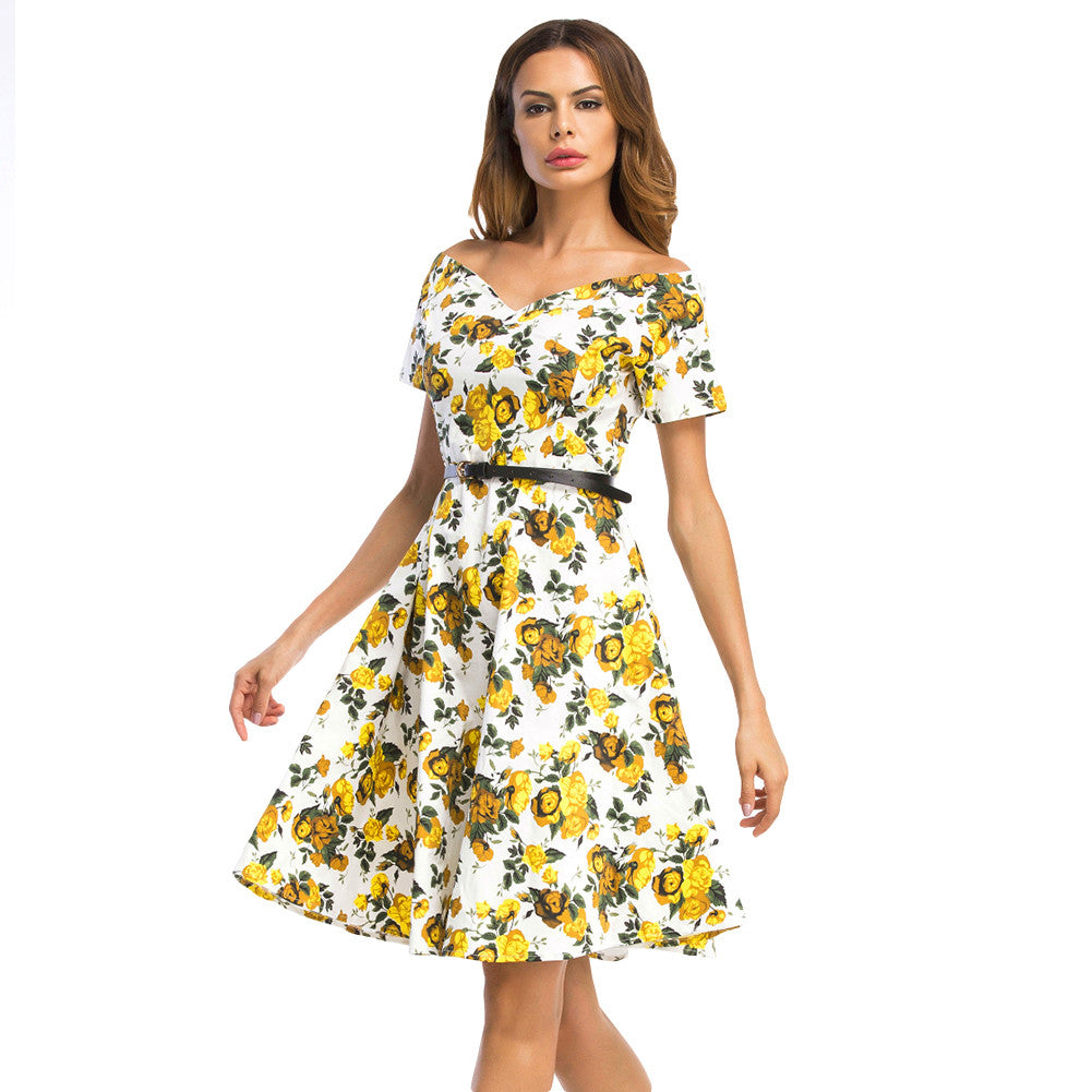Flared Rose Print Dress Strapless Short Sleeve Skater Prom Dress - Sins & Temptations
