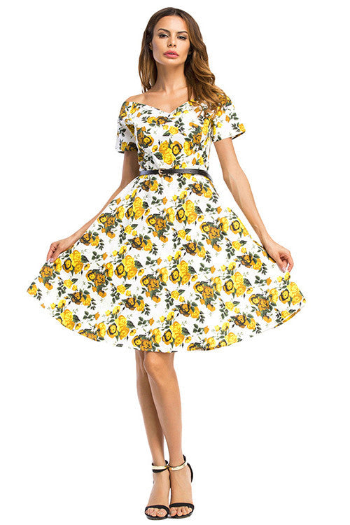 Flared Rose Print Dress Strapless Short Sleeve Skater Prom Dress - Sins & Temptations