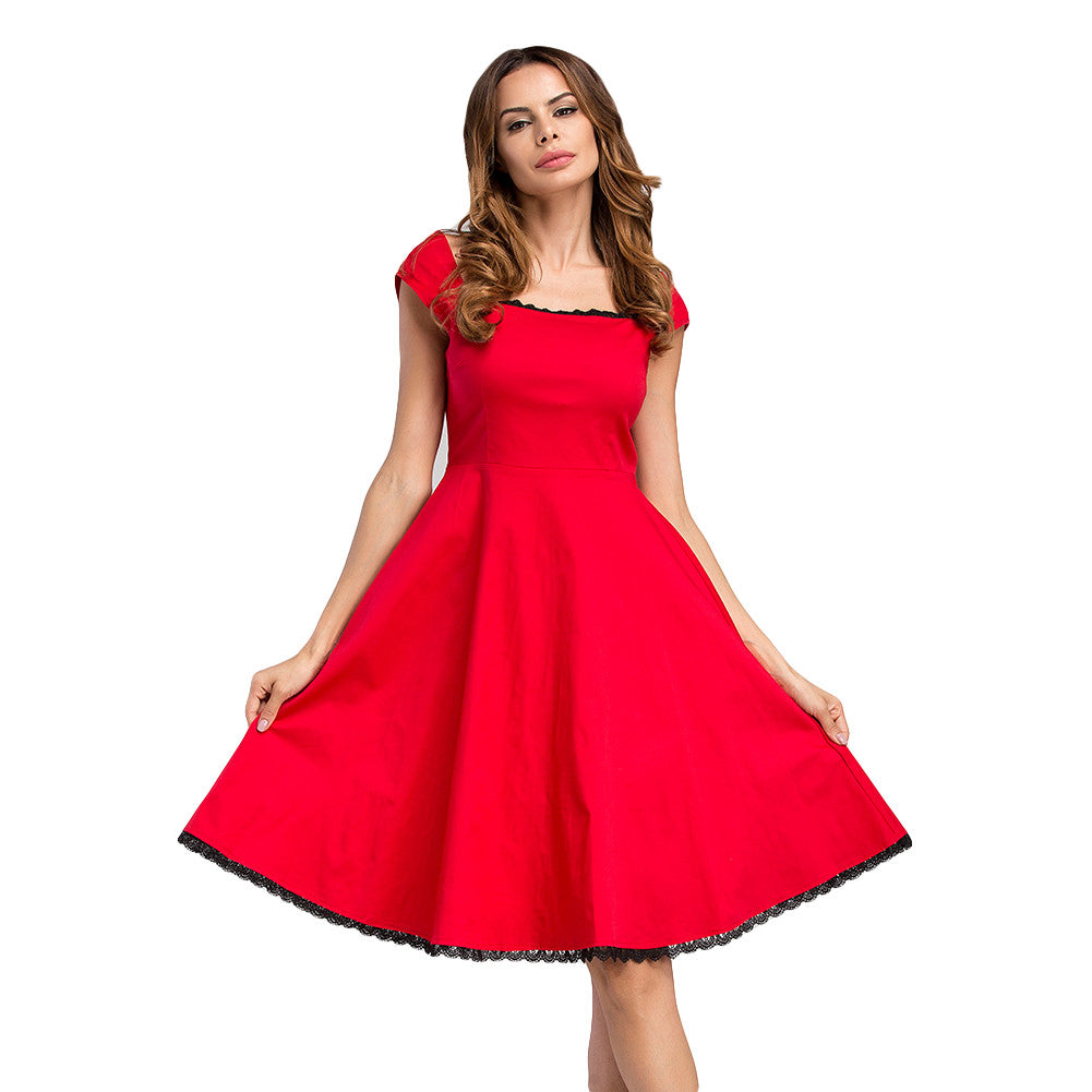 Elegant Lace Trimmed Red Swing Skater Dress Cap Sleeves - Sins & Temptations