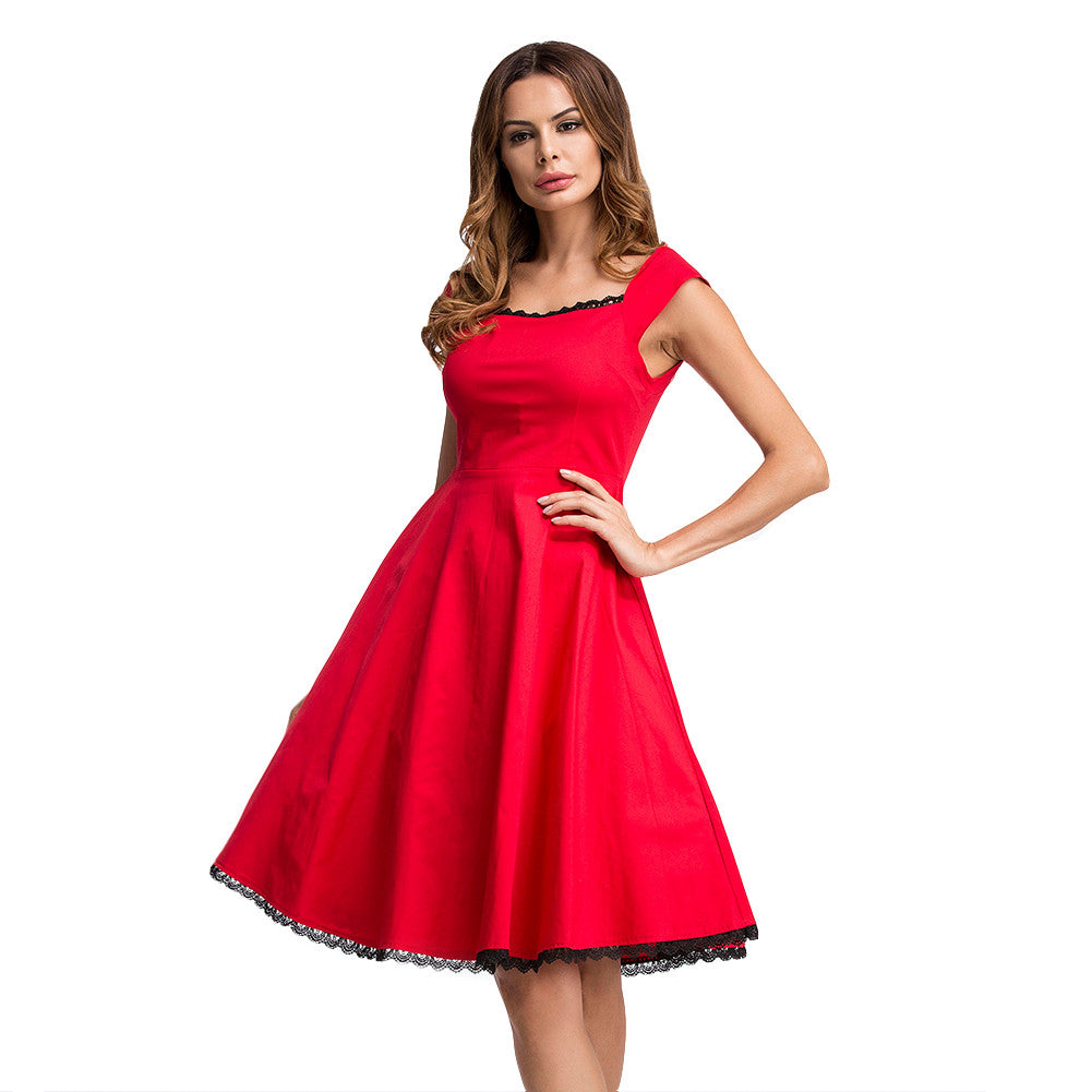 Elegant Lace Trimmed Red Swing Skater Dress Cap Sleeves - Sins & Temptations