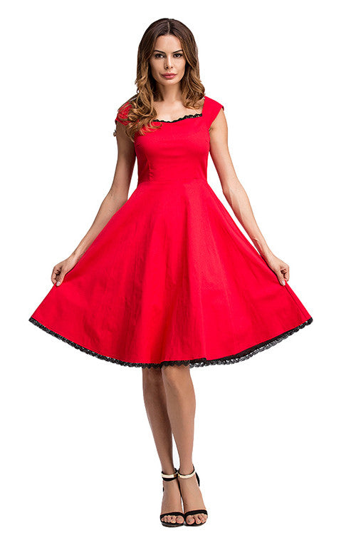 Elegant Lace Trimmed Red Swing Skater Dress Cap Sleeves - Sins & Temptations