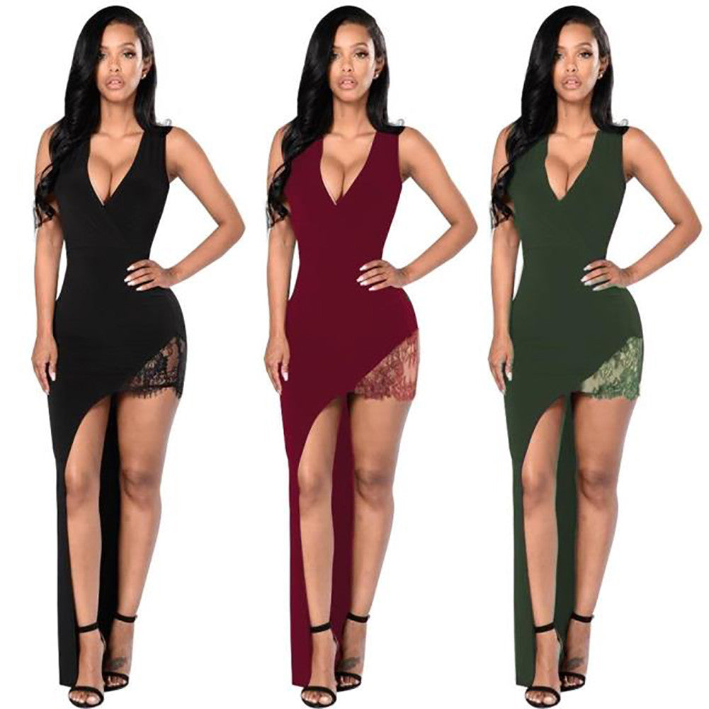 Captivating Club V Neck High Slit Black Lace Insert Party Prom Bodycon Dress - Sins & Temptations