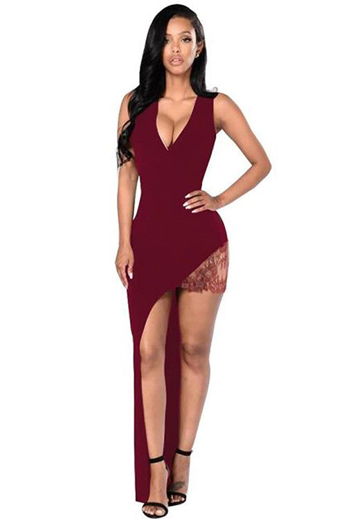Captivating Club V Neck High Slit Black Lace Insert Party Prom Bodycon Dress - Sins & Temptations