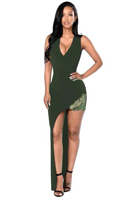 Captivating Club V Neck High Slit Black Lace Insert Party Prom Bodycon Dress - Sins & Temptations