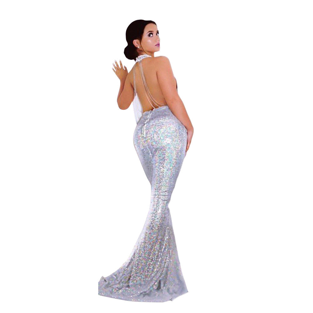 Captivating Silver Backless Fishtail Hem Evening Dress - Sins & Temptations