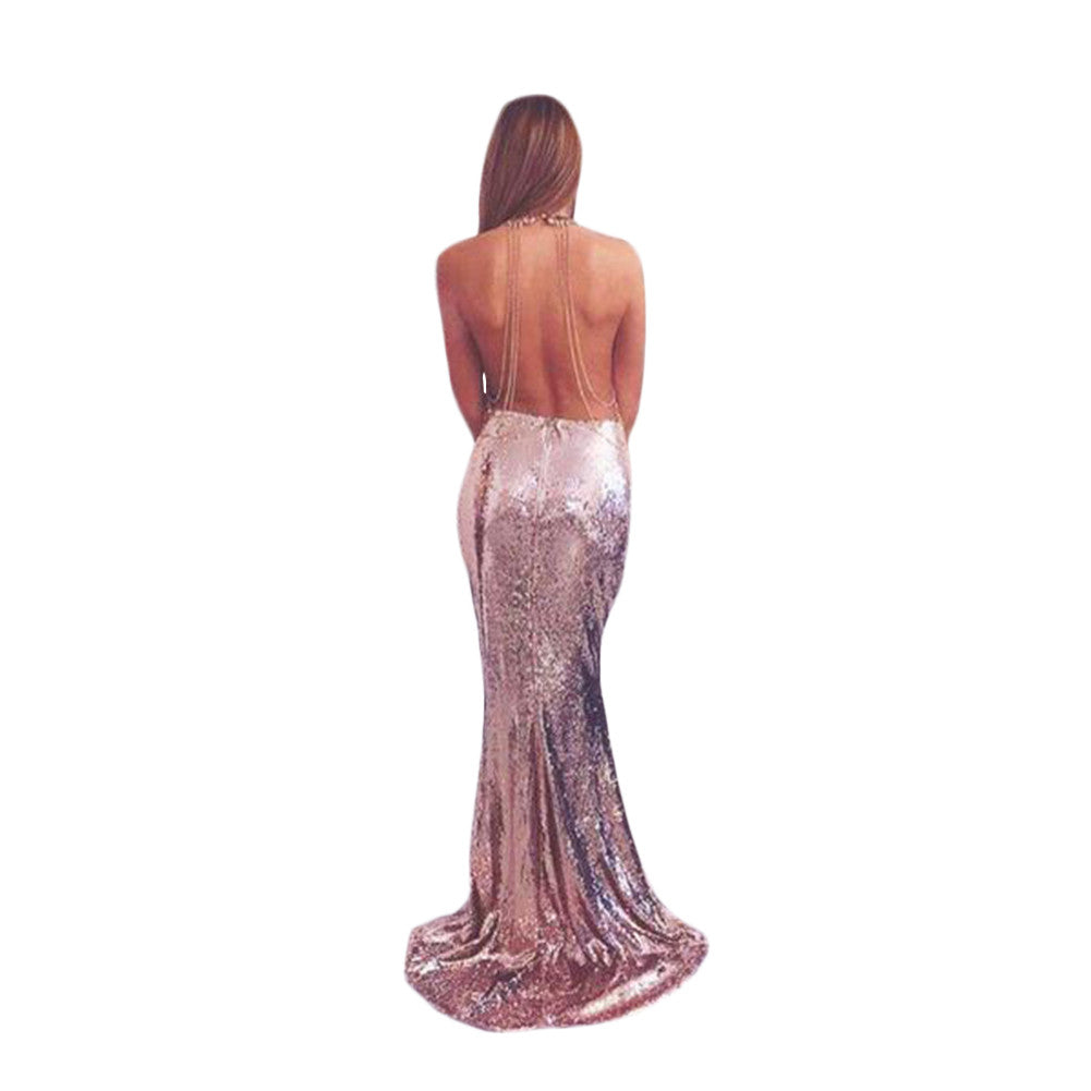 Intrigued Champagne Sequin Halter Deep V Neck Evening Party Dress - Sins & Temptations