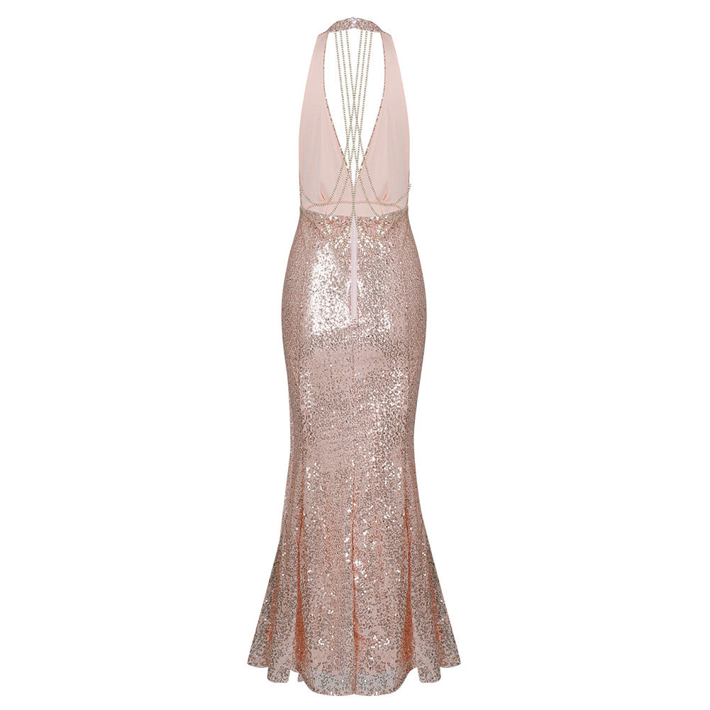 Intrigued Champagne Sequin Halter Deep V Neck Evening Party Dress - Sins & Temptations