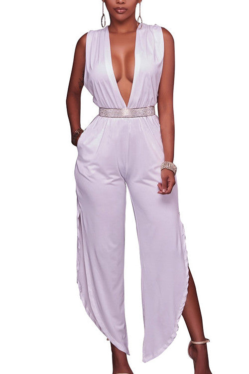 Deep V Neck Sleeveless White Long Wide Leg Rompers Clubwear - Sins & Temptations