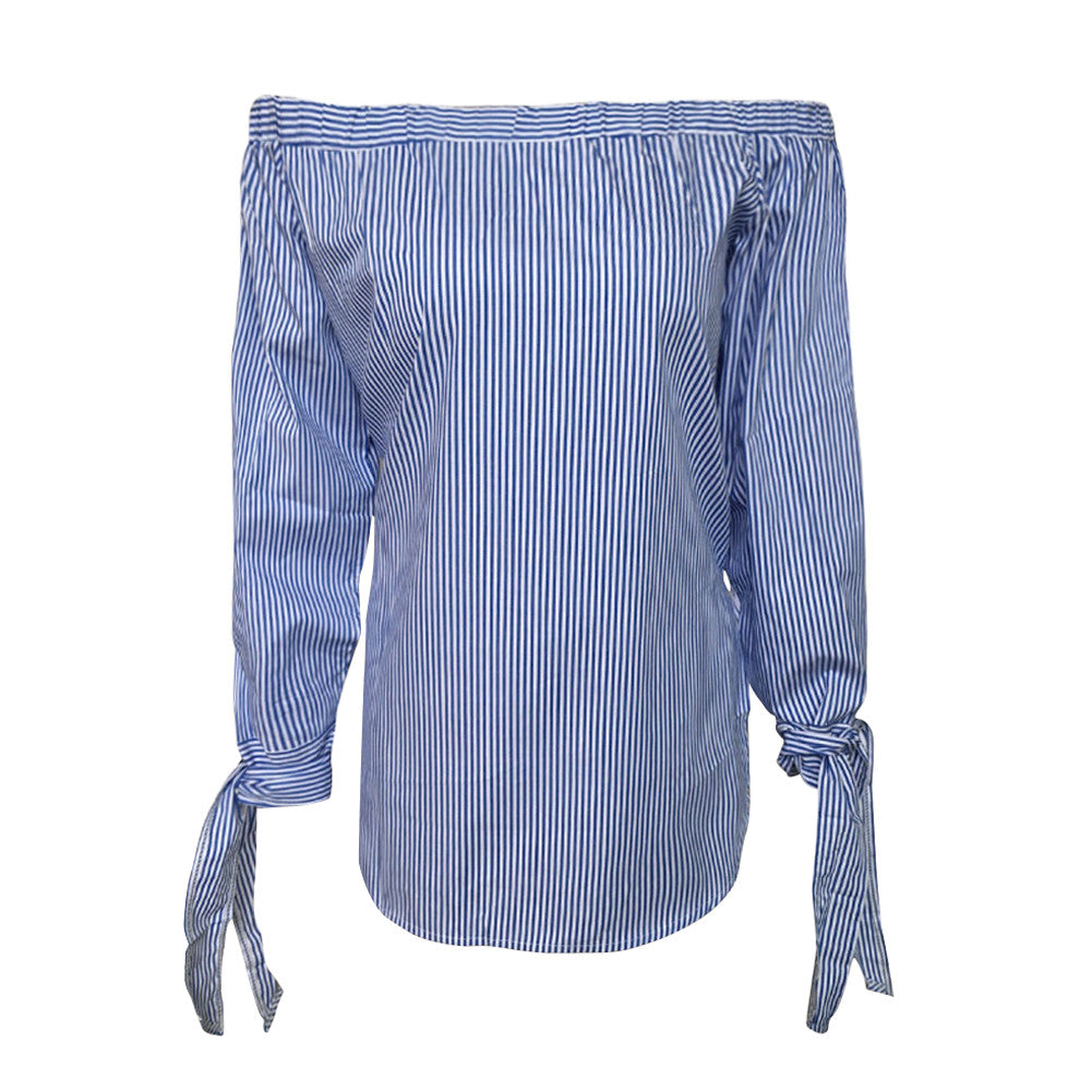 Trendy Blue Striped Bow Knotted Off Shoulder Blouse Top Shirt - Sins & Temptations