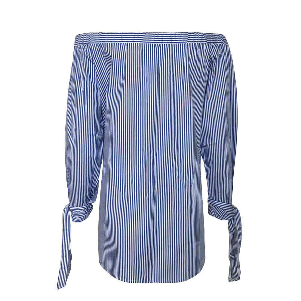 Trendy Blue Striped Bow Knotted Off Shoulder Blouse Top Shirt - Sins & Temptations