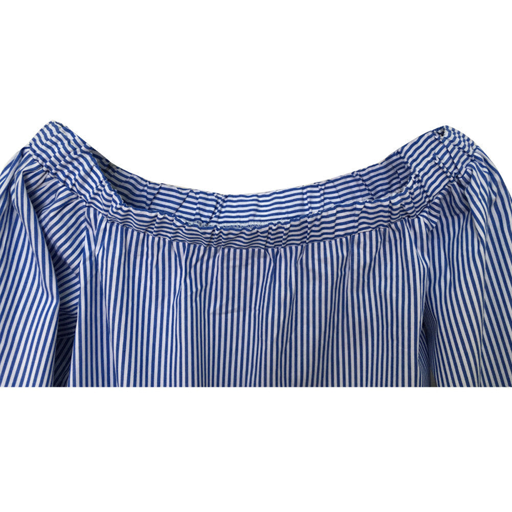 Trendy Blue Striped Bow Knotted Off Shoulder Blouse Top Shirt - Sins & Temptations