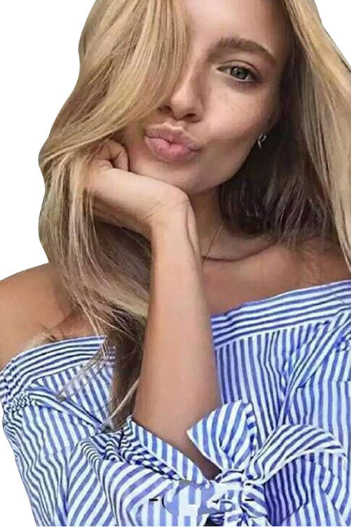 Trendy Blue Striped Bow Knotted Off Shoulder Blouse Top Shirt - Sins & Temptations