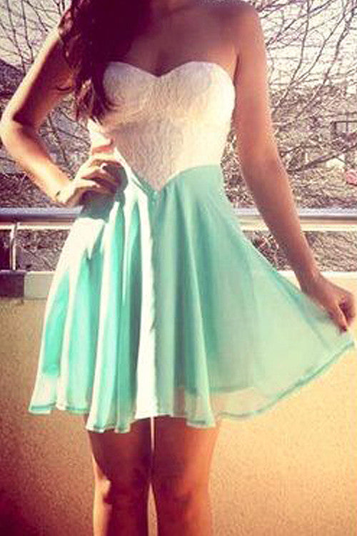 White and Green Strapless Backless Zipper Skater Dress - Sins & Temptations