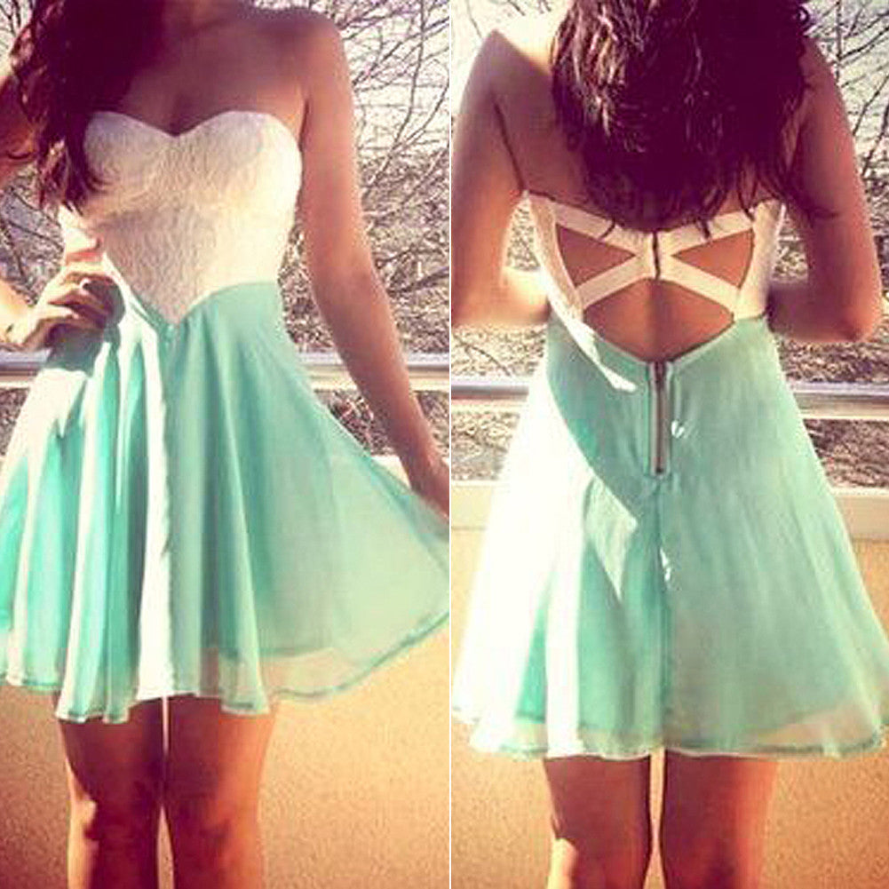 White and Green Strapless Backless Zipper Skater Dress - Sins & Temptations