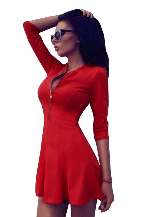 Women's Long Sleeve One Piece Zipper Design Sexy Skater Club Party Dress - Sins & Temptations