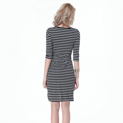 White and Black Stripes Half Sleeve High Thigh Slit Up Bodycon Dress - Sins & Temptations