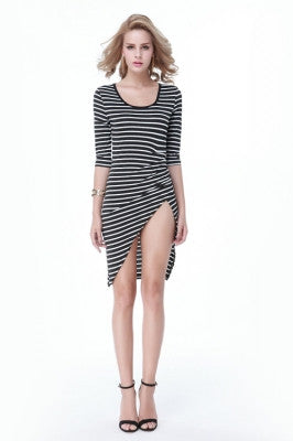 White and Black Stripes Half Sleeve High Thigh Slit Up Bodycon Dress - Sins & Temptations