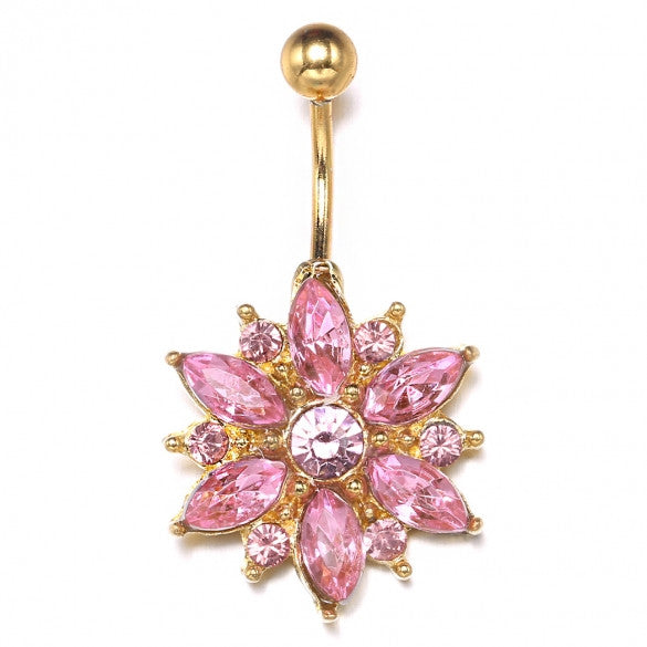 Gold Pink Color Alloy Floral Resin Rhinestone Sexy Body Navel Ring - Sins & Temptations
