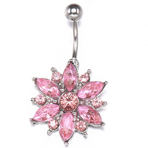 Silver Pink Color Alloy Floral Resin Rhinestone Sexy Body Navel Ring - Sins & Temptations