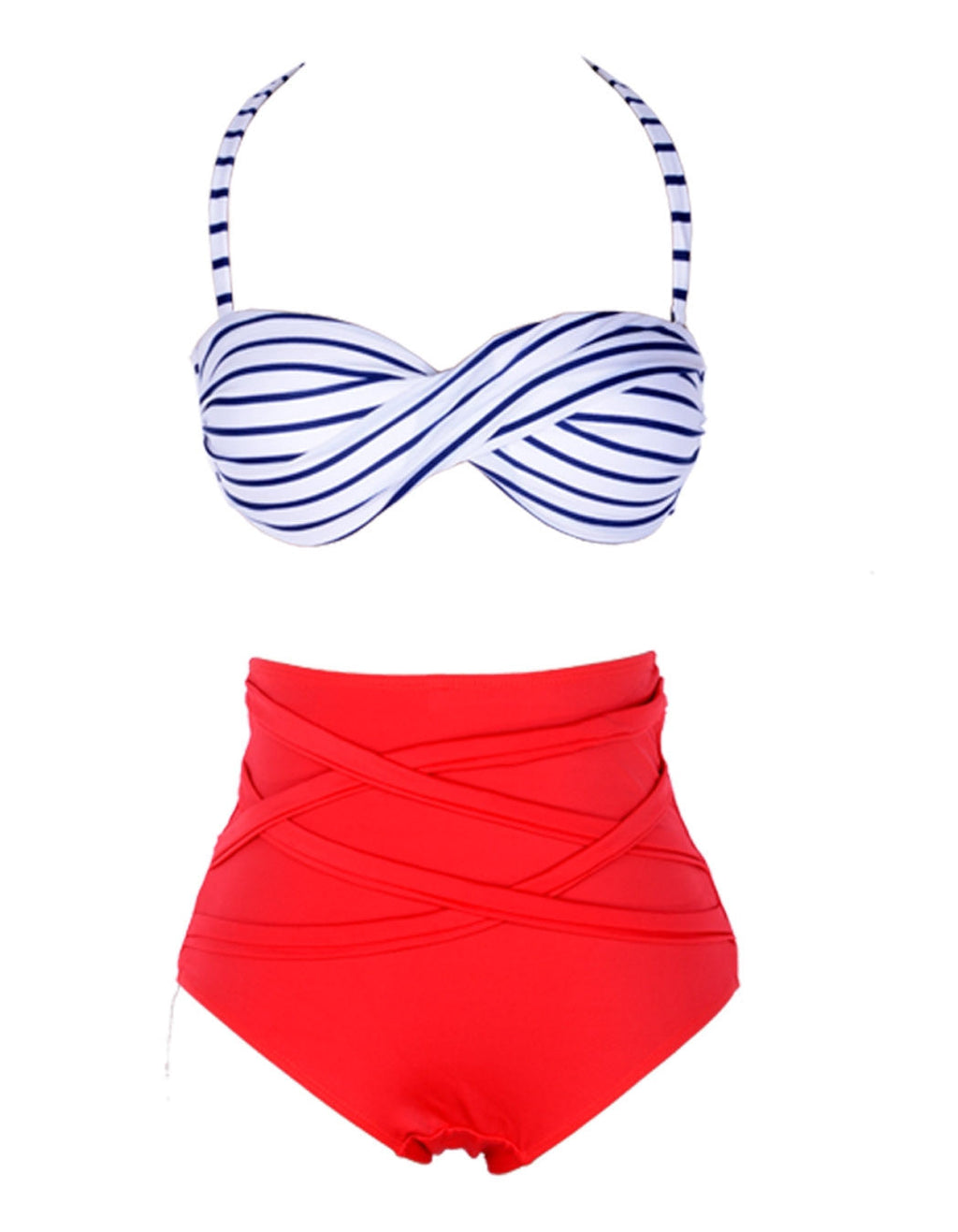 Stripes High Waist Padded Twisted Bandeau Swimwear - Sins & Temptations - 1