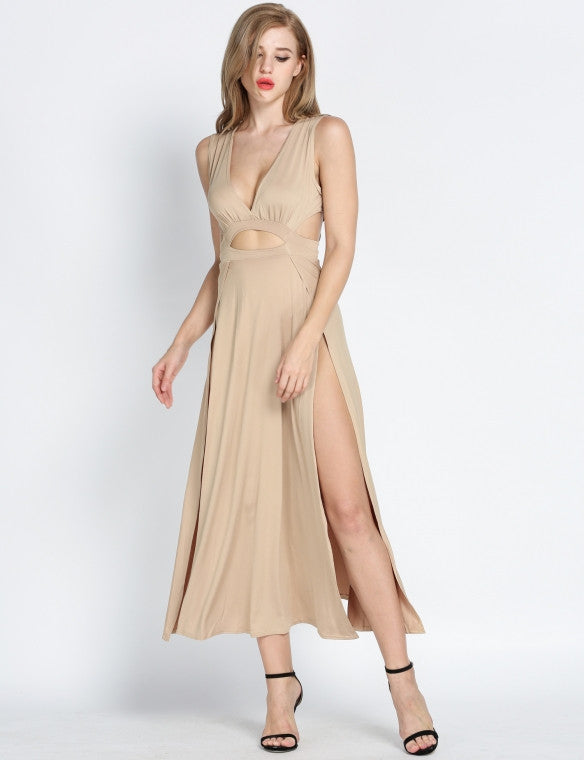 Red Sexy Sleeveless V-neck Hollow Out Maxi Party Clubwear Gown / Cocktail Dress - Sins & Temptations