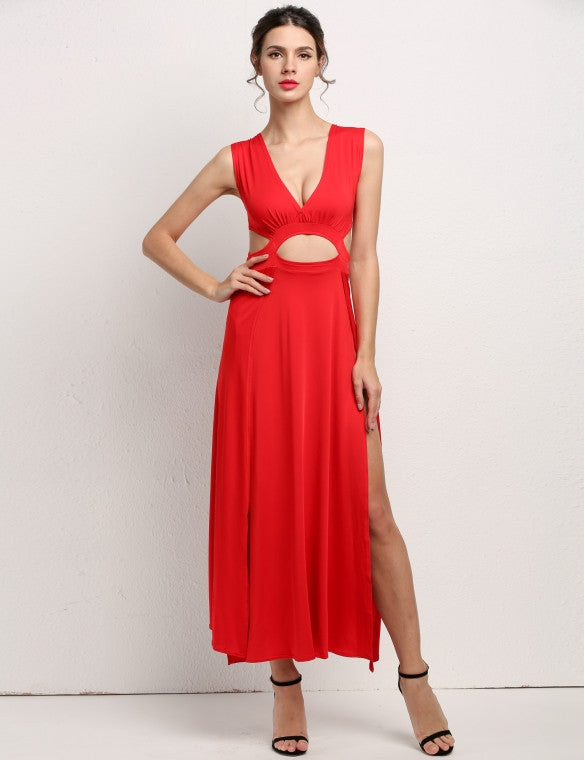Red Sexy Sleeveless V-neck Hollow Out Maxi Party Clubwear Gown / Cocktail Dress - Sins & Temptations