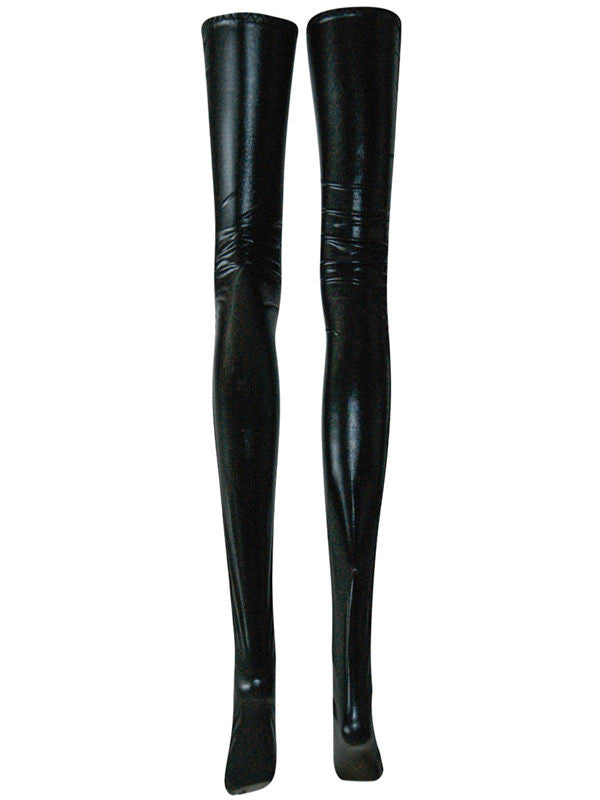 Sexy Black Faux Latex Stockings Ribbon Lace Up Back Fetish Leggings - Sins & Temptations