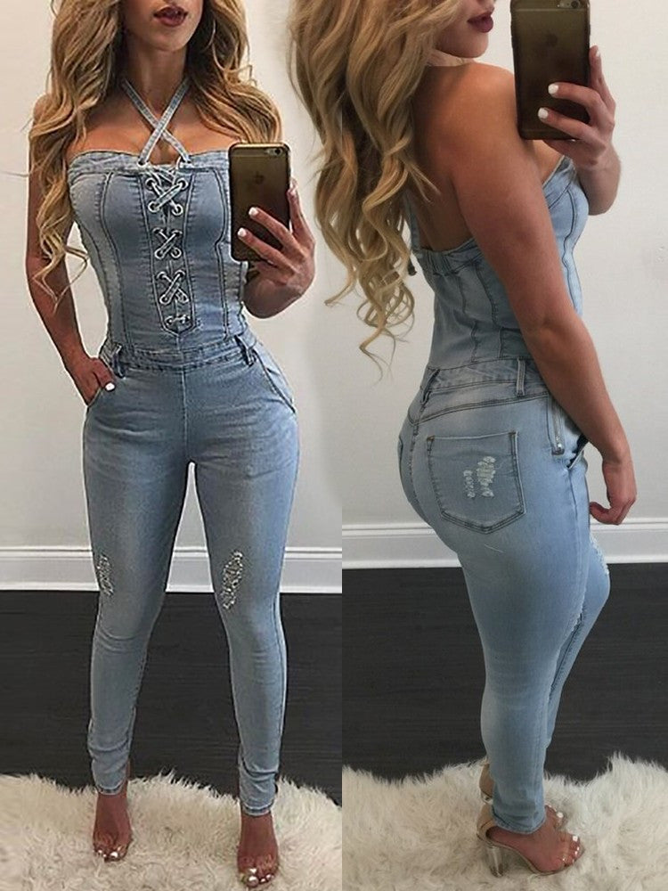Trendy Wash Ripped Suspender Light Blue Denim Jeans Jumpsuit Romper - Sins & Temptations