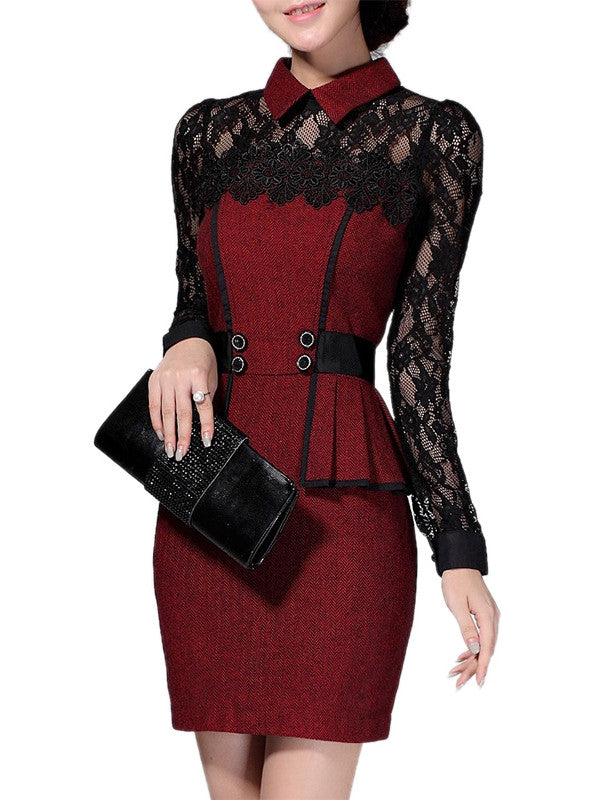 Wine Red Women Long Sleeve Peplum Party wear Dress - Sins & Temptations