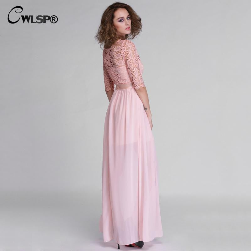 Elegant Lace Long Maxi Dress Hollow Out Chiffon Half sleeve Evening Wedding Party Dress - Sins & Temptations
