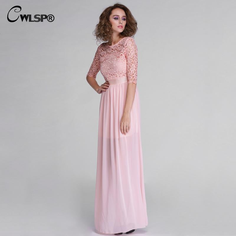 Elegant Lace Long Maxi Dress Hollow Out Chiffon Half sleeve Evening Wedding Party Dress - Sins & Temptations
