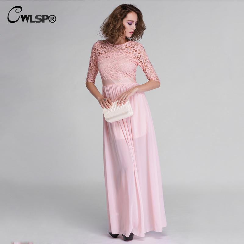 Elegant Lace Long Maxi Dress Hollow Out Chiffon Half sleeve Evening Wedding Party Dress - Sins & Temptations