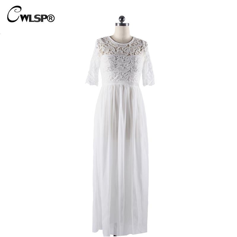 Elegant Lace Long Maxi Dress Hollow Out Chiffon Half sleeve Evening Wedding Party Dress - Sins & Temptations