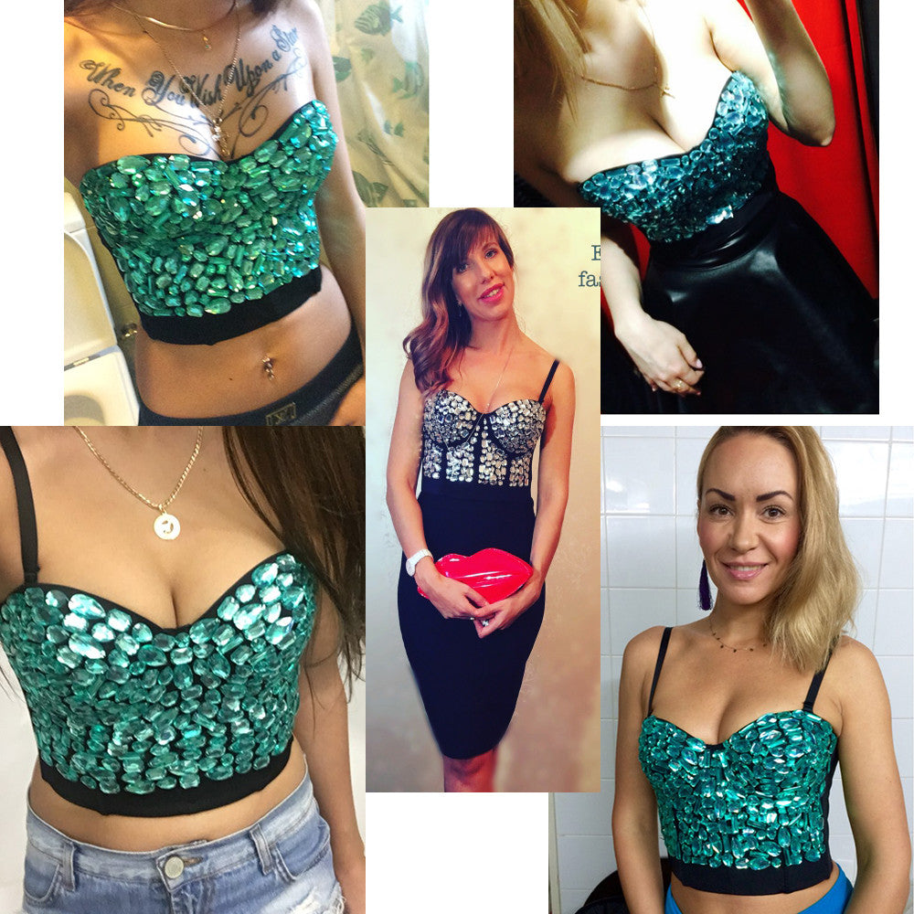 Hand-made Beaded Rhinestone Bustier Pearls Push Up Night Club Bralette - Sins & Temptations