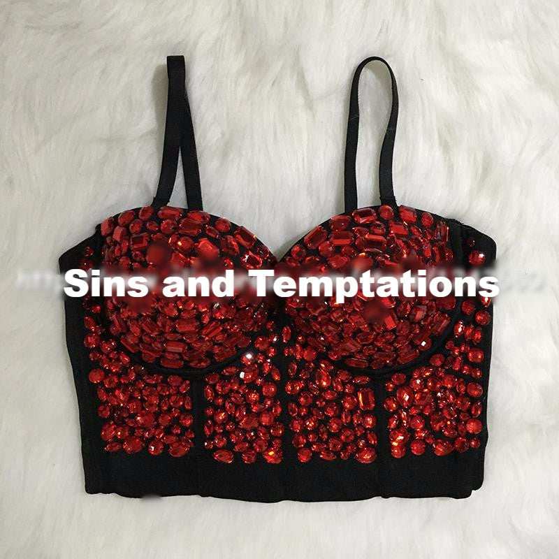 Hand-made Beaded Rhinestone Bustier Pearls Push Up Night Club Bralette - Sins & Temptations