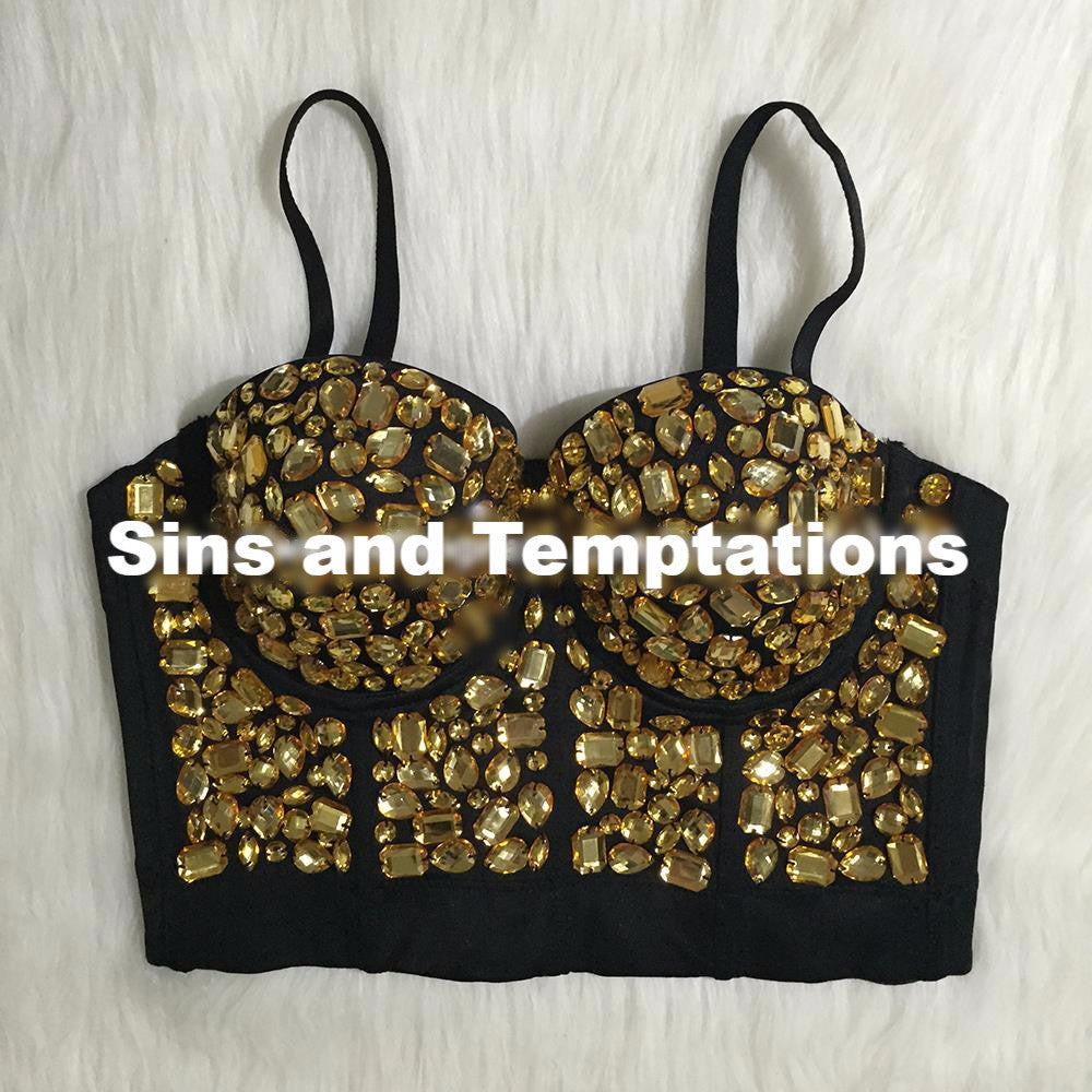 Hand-made Beaded Rhinestone Bustier Pearls Push Up Night Club Bralette - Sins & Temptations