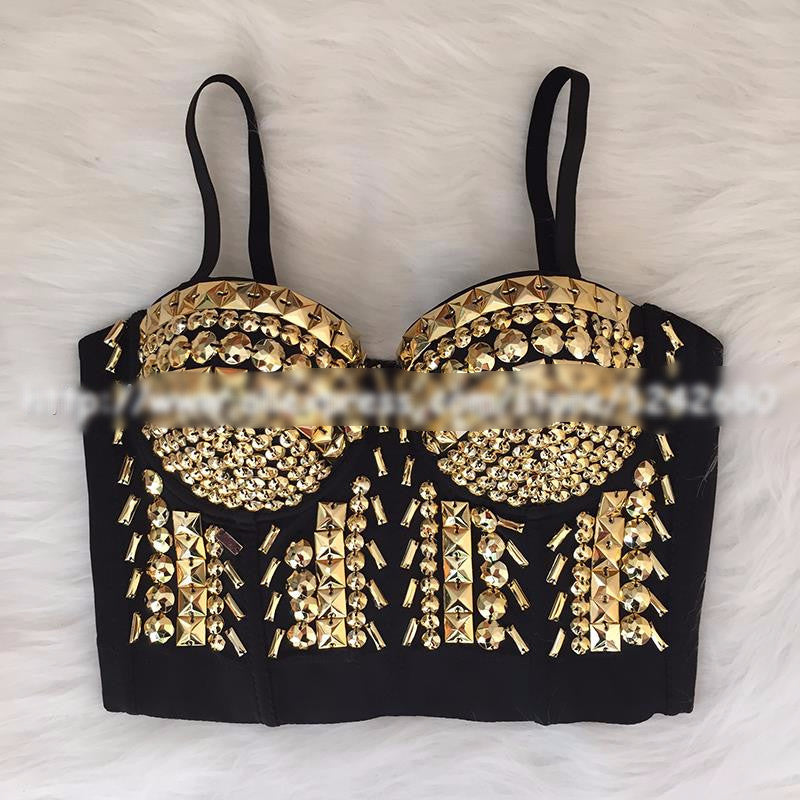 Unique Gold Purple Rhinestone Bustier Pearls Diamond Push Up Night Club Bralette - Sins & Temptations