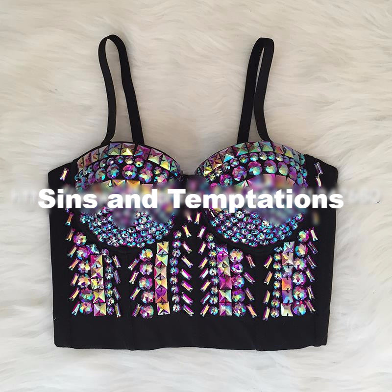 Unique Gold Purple Rhinestone Bustier Pearls Diamond Push Up Night Club Bralette - Sins & Temptations
