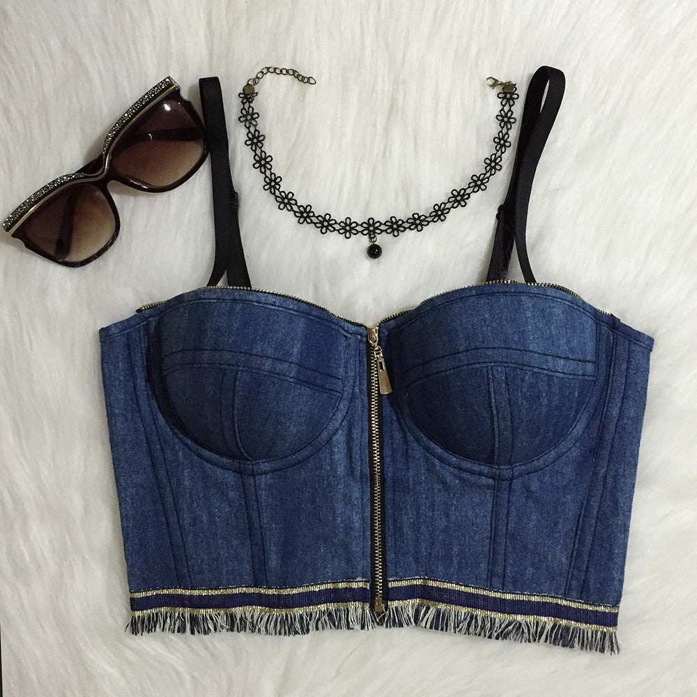 Jeans Denim Tassels Zipper Push Up Bustier Women's Bralette - Sins & Temptations