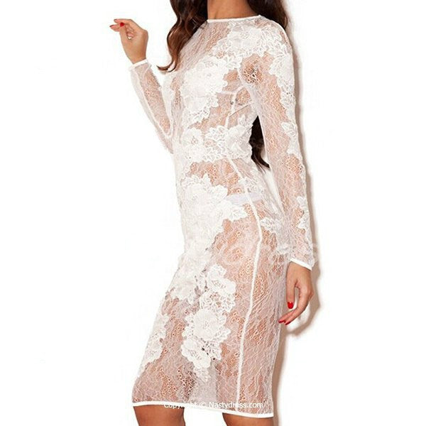 Long Sleeve Embroidered Lace Dress, Dare to Bare Bodycon Dress - Sins & Temptations