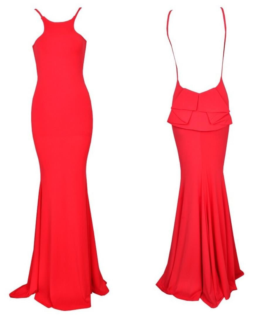 White Red Green Trumpet Cascading Ruffle Long Floor Length Solid Club Party Elegant Backless Dress - Sins & Temptations