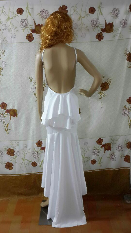 White Red Green Trumpet Cascading Ruffle Long Floor Length Solid Club Party Elegant Backless Dress - Sins & Temptations