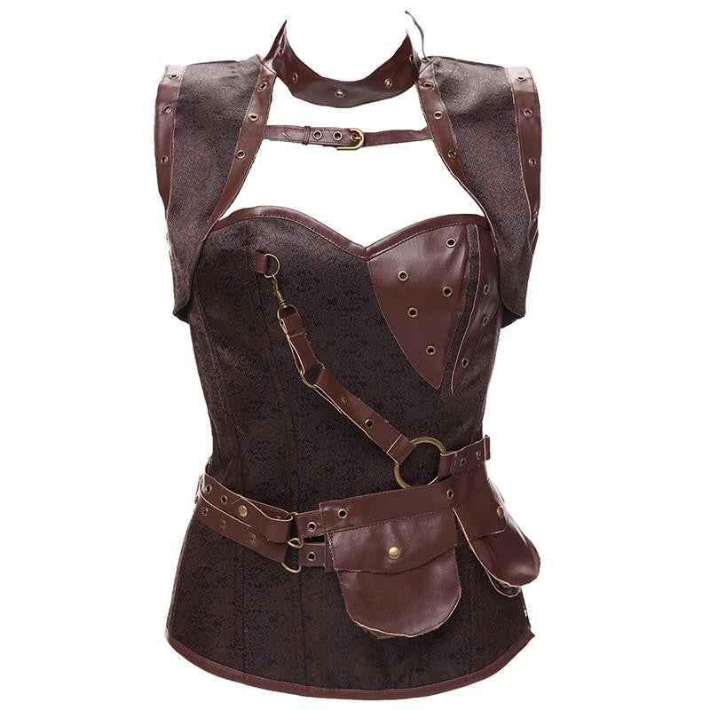 Vintage Gothic Retro Brocade Steel Boned Overbust Corset with Jacket & Brown Belt - Sins & Temptations
